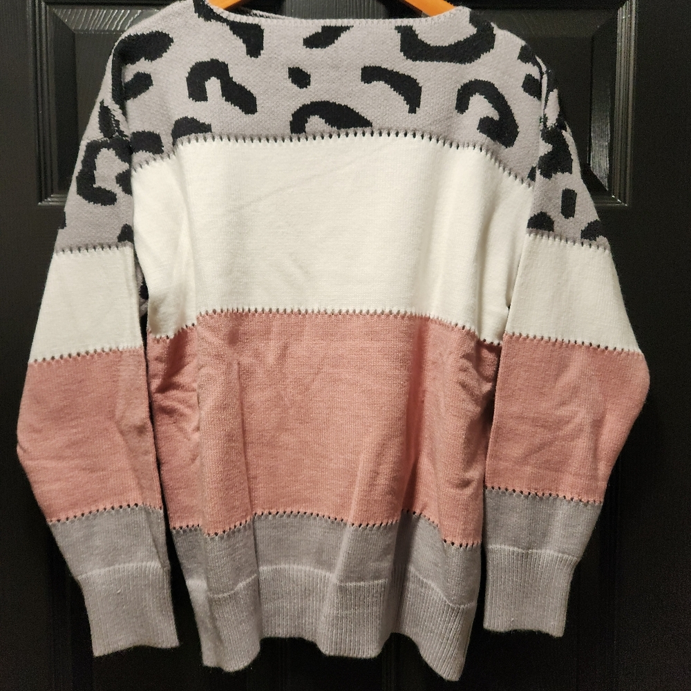Cozy Leopard Striped Colorblock Knit Crewneck Sweater Pink Size L & XL - Picture 8 of 8